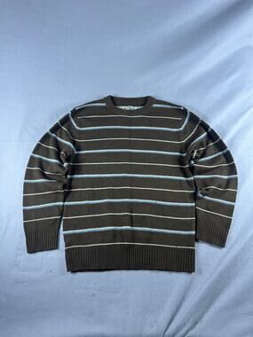 Blue Ink Sweater Mens L Brown Blue Crew Neck Striped Knit Ribbed Y2K Preppy